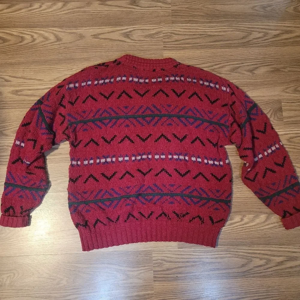 Red and Black Crewneck Sweater with Geometric Patterns